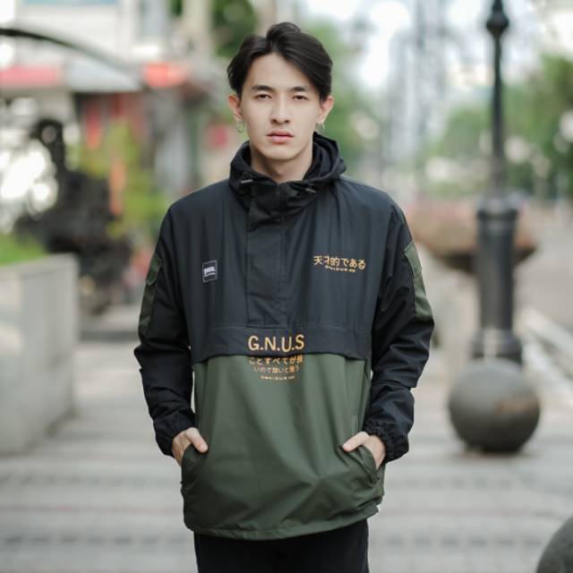 GENIOUS Jaket Cougle Hitam Hijau Jaket Parasut Pria