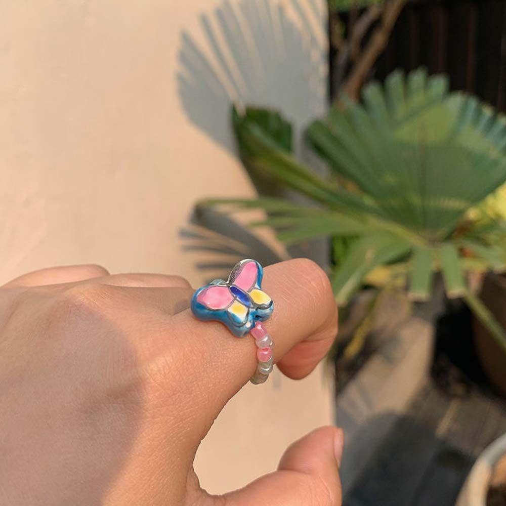 Cincin Elastis Sweet Retro Untuk Anak Perempuan Manik-Manik Kristal Geometris Vintage Knuckle Ring