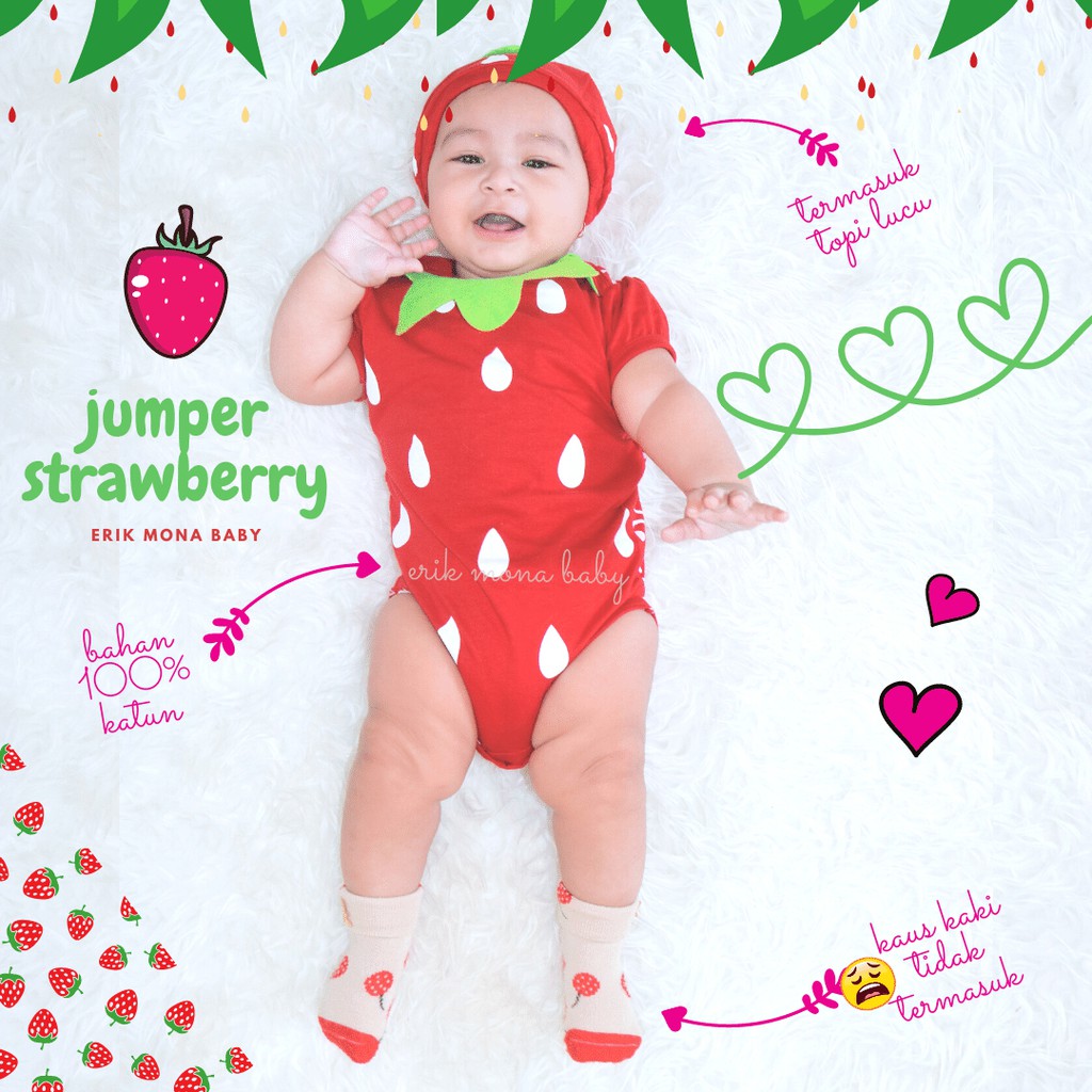Ermon Baby - Jumper Bayi Laki Laki Perempuan Jumper Baby Cowok Cewek Lucu Karakter Buah Strawberry + Topi Usia 0 - 12 Bulan