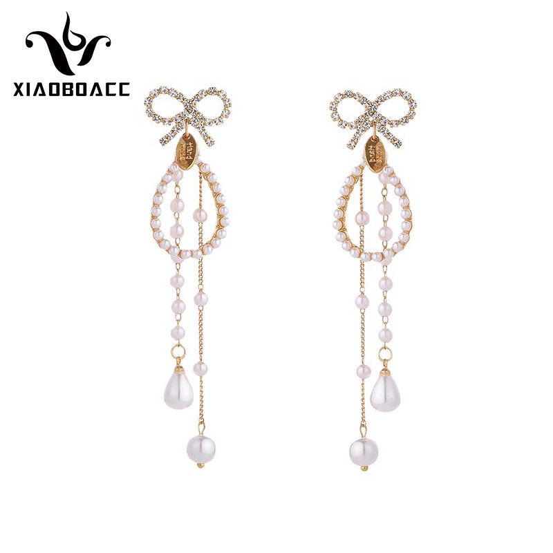 XiaoboACC Anting Tusuk Gantung Bahan Sterling Silver 925 Desain Pita + Mutiara Gaya Korea Untuk Wanita