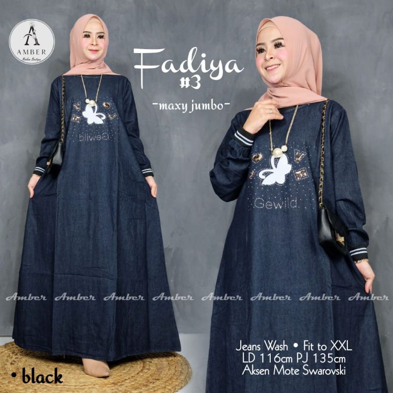 Fadiya Dress Maxy Gamis Hitam Jumbo Polos Hitam Jeans Ld 116 Fit XXXL Aksen Kupu Mote Swarovski By A