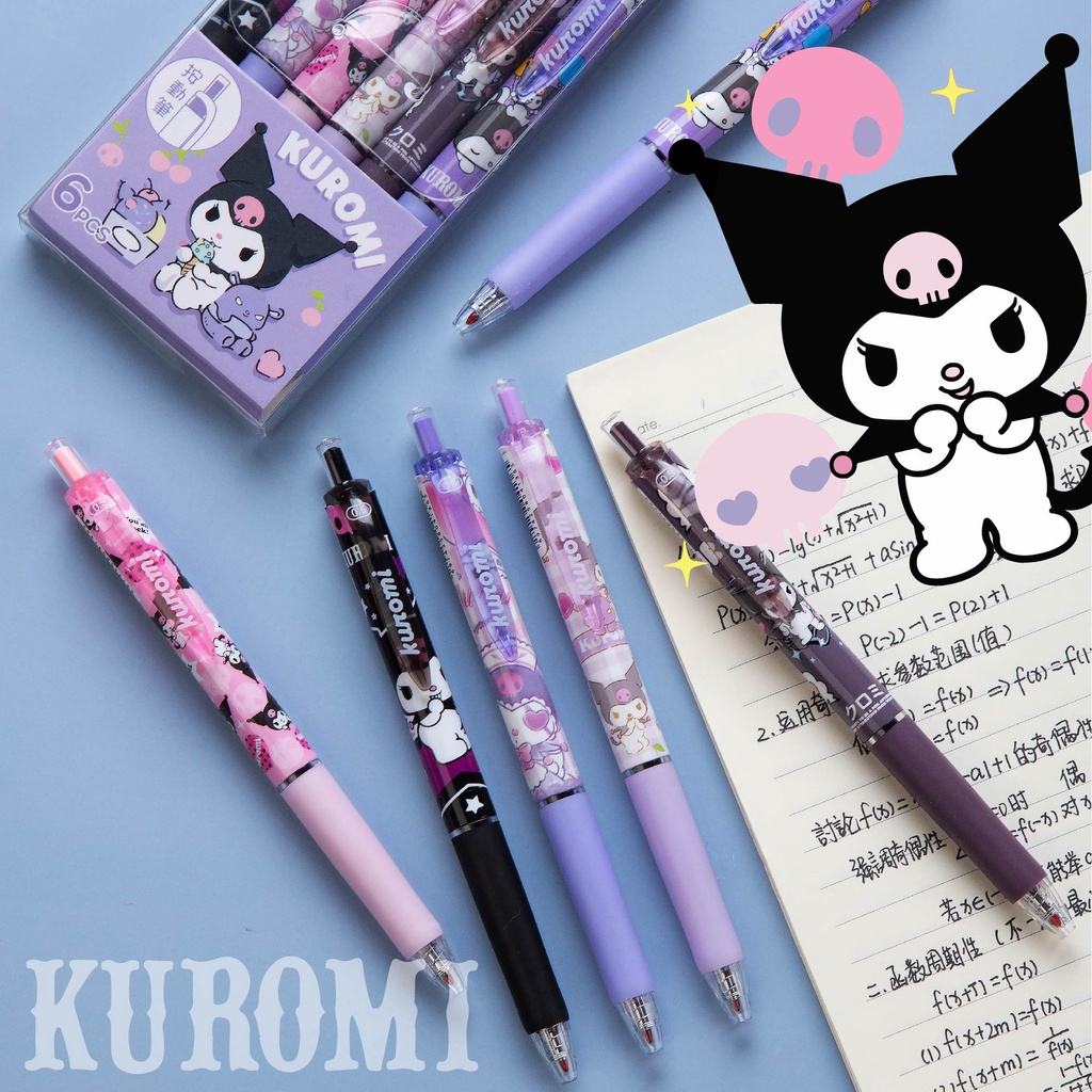 Kuromi 6pcs / Set Pulpen Gel 0.5mm Tinta Hitam Motif Kartun Lucu Untuk Stationery Pelajar Wanita