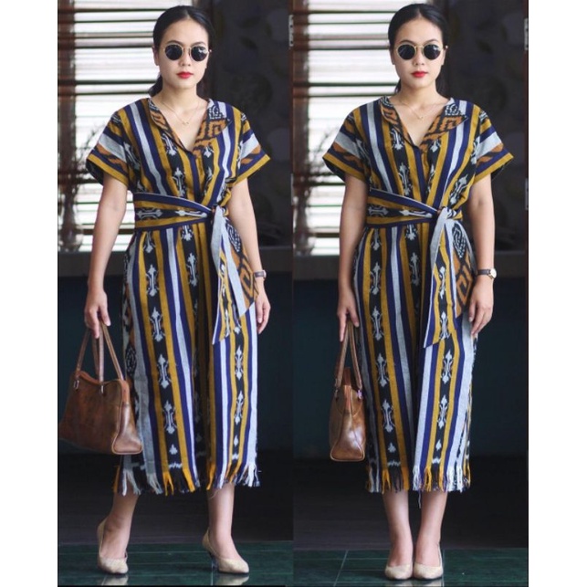 Jual dress tenun kuning navy - dress tenun modern - baju tenun wanita