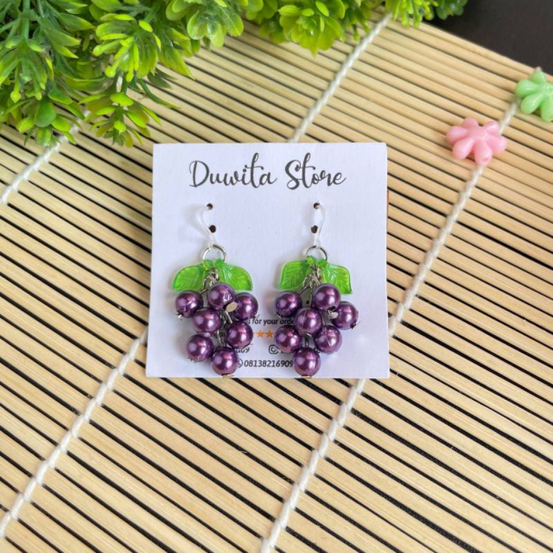 HANDMADE ANTING ANAK/DEWASA KAITAN PLASTIK/SILVER MOTIF BUAH GRAPE