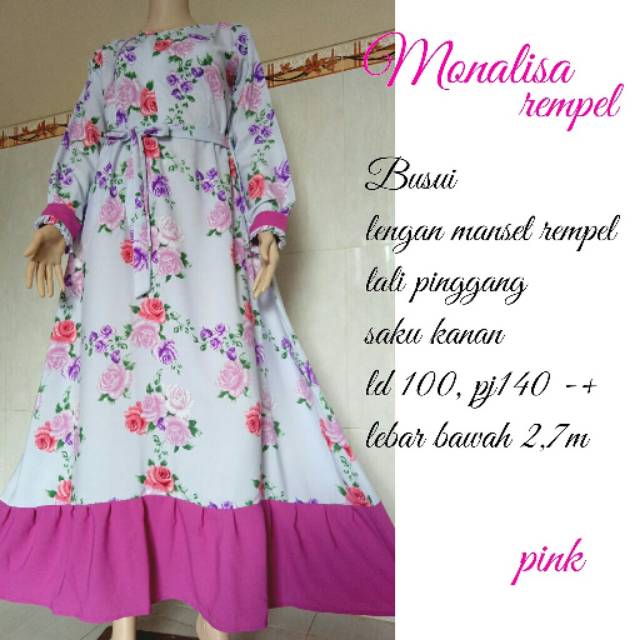Gamis monalisa k rempel bawah pink salem ungu murah berkualitas manset rempel cantik syari muslimah