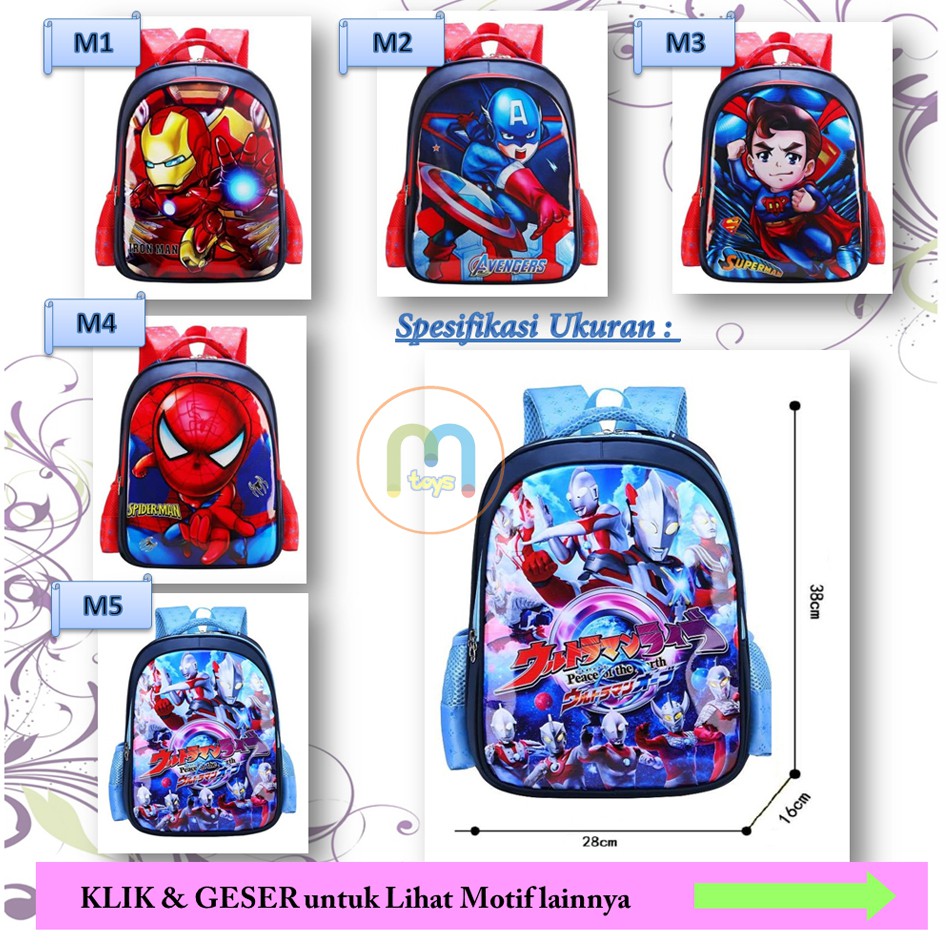 Tas Ransel Sekolah TK / SD Anak Backpack tas tipe 2 Ruang motif cowok / Boy karakter superheroes