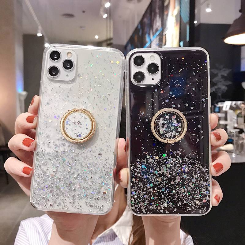 Glitte Ring Holder Soft Case VIVO Y83 Y91C Y93 Y91 Y95 Y11 Y12 Y15 Y17 S1 V15 Z1 Pro Y19 V9 Black Starry Sky