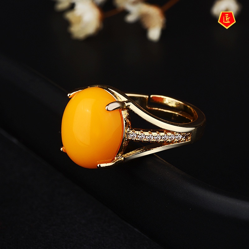 [Ready Stock]Fashion New 925 Silver Amber Ring Canary Stone Temperament Elegant Simple