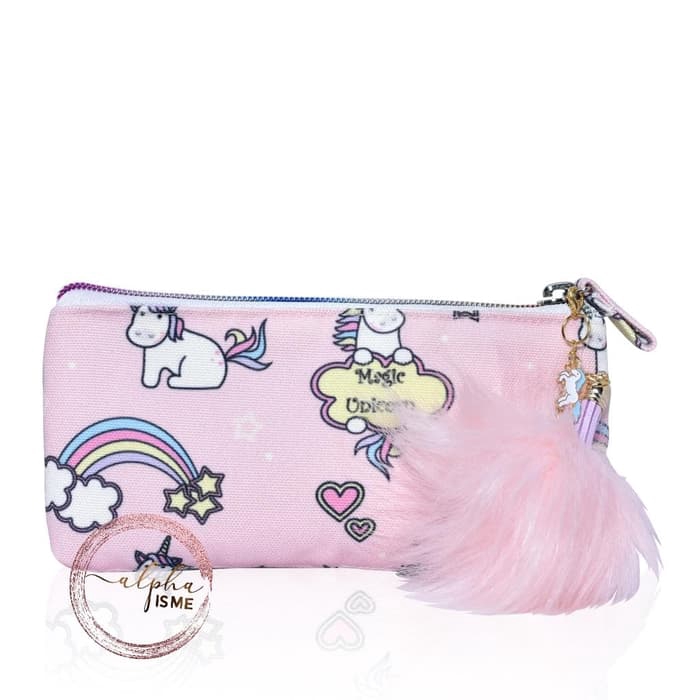

alphaisme Pink Unicorn Tempat Pensil Kosmetik with Pom Pom Charm