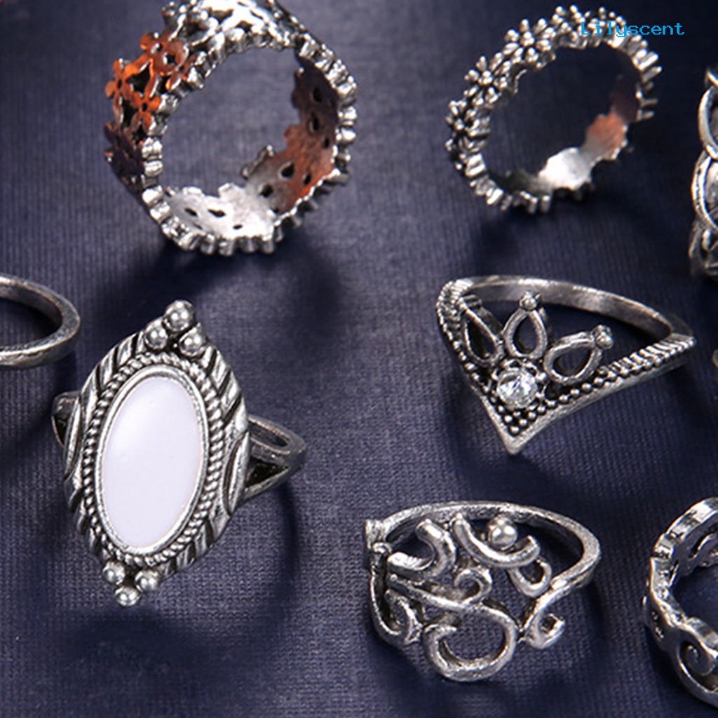 10pcs Cincin Knuckle Desain Bulan Hollow Out Stackable Gaya Bohemian Untuk Wanita