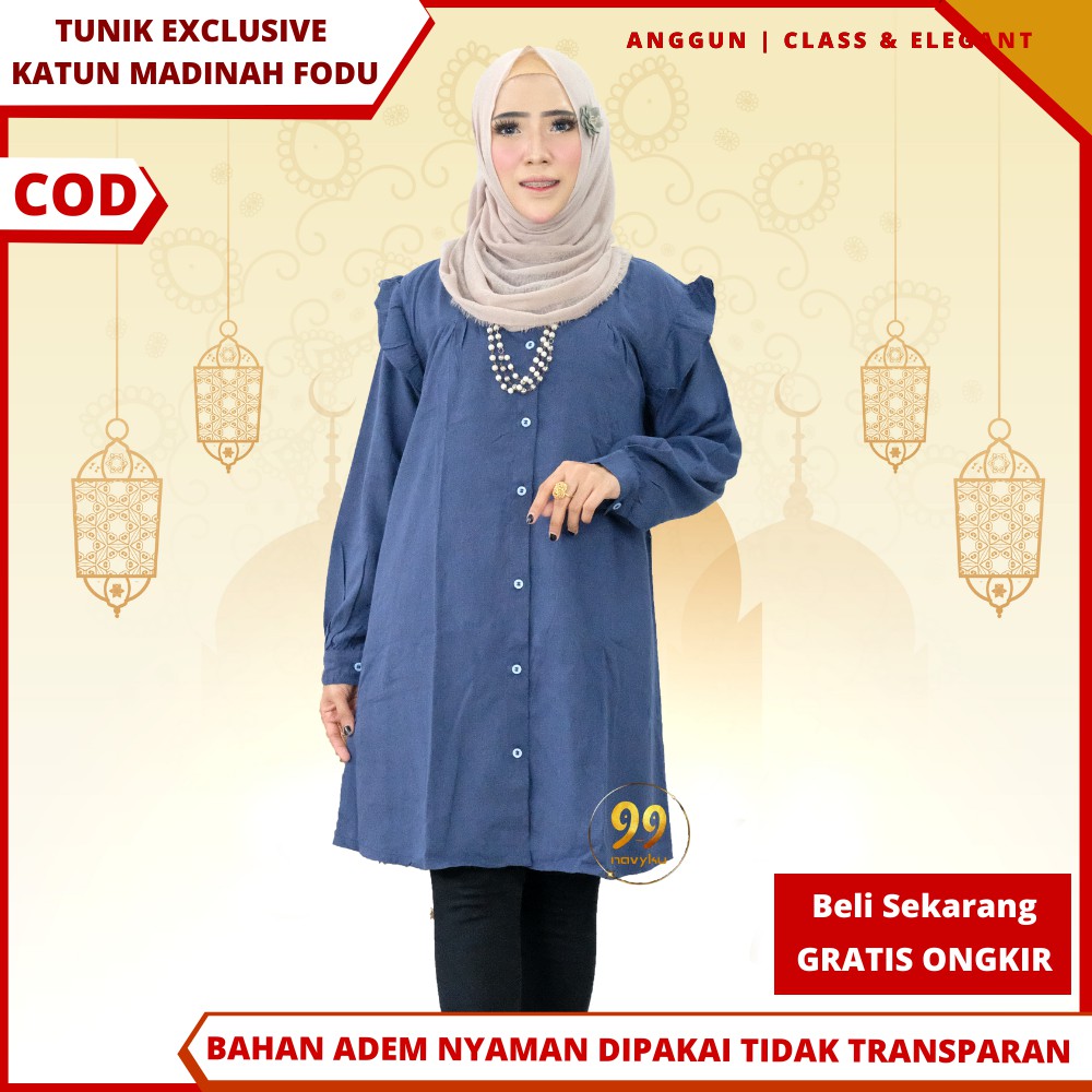 Baju Atasan Tunik Katun Madinah Polos Fashion Muslim Wanita Muslimah Terbaru Premium Kancing Depan F