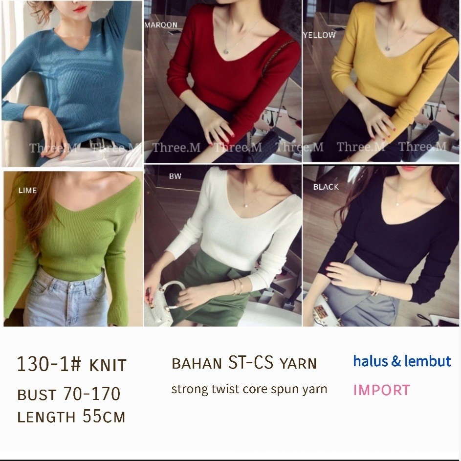  Atasan  Wanita  Knit Vneck Basic Lengan  Panjang  Import 130 1 