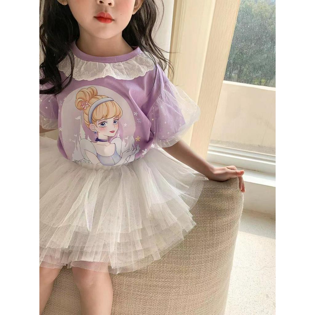 Kaos Lengan Pendek Motif Princess Kerah Renda Lengan Balon