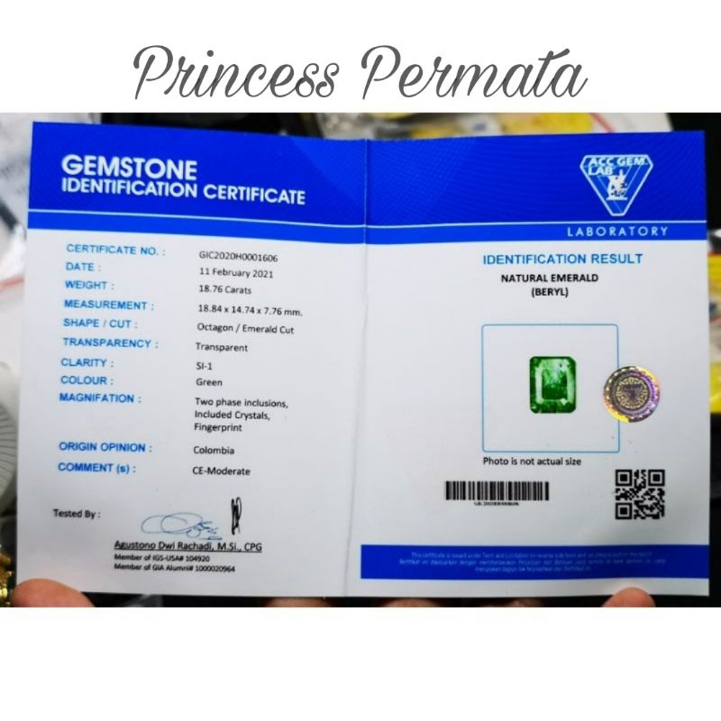 Batu Permata Natural Emerald Beryl Zamrud Colombia Big Size Sertifikat ACC LAB Crystal