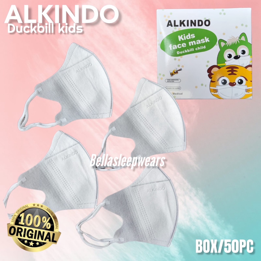 PER 1 BOX 50 PC - MASKER DUCKBILL ALKINDO ANAK KIDS PUTIH POLOS - WHITE FACE MASK 3PLY