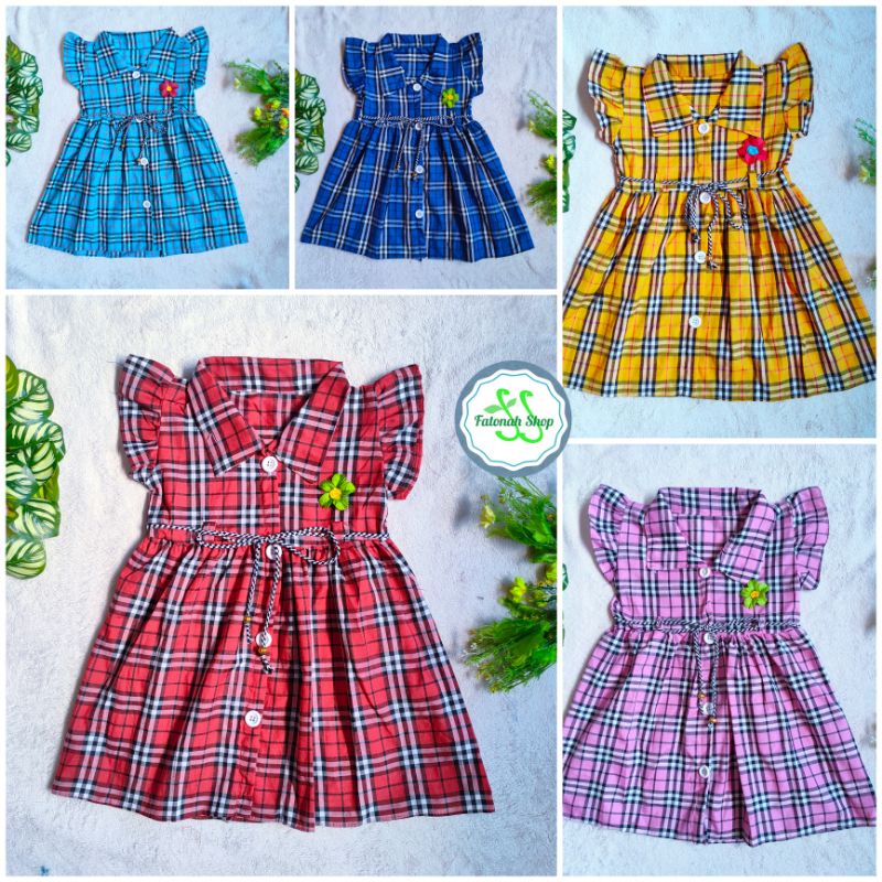 Dress Anak 2 3 tahun kancing hidup motif kotak baju anak perempuan cewek lucu baju lebaran  ( dress kancing Square  )