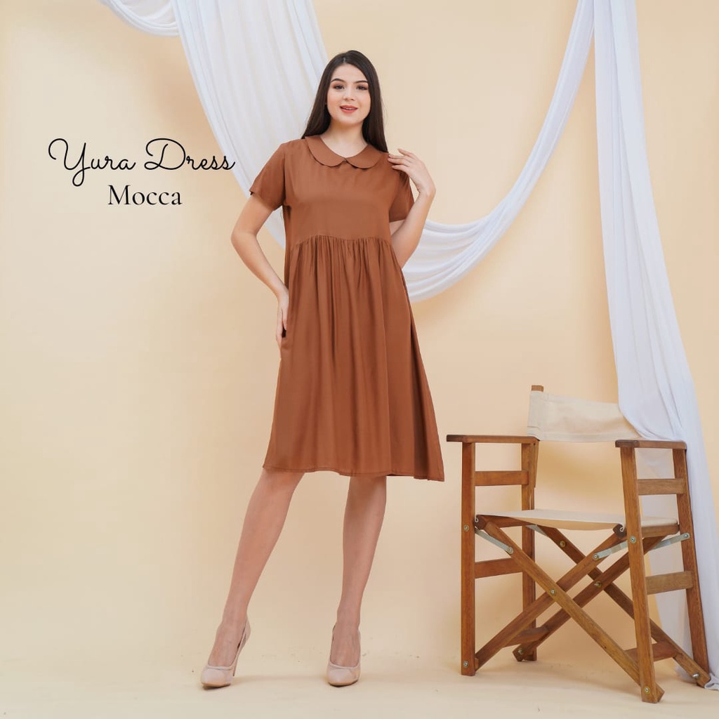 Yura Midi Dress Wanita Rayon Premium Baju Wanita Lengan Pendek Pakaian Fashion Kekinian LD 110 cm