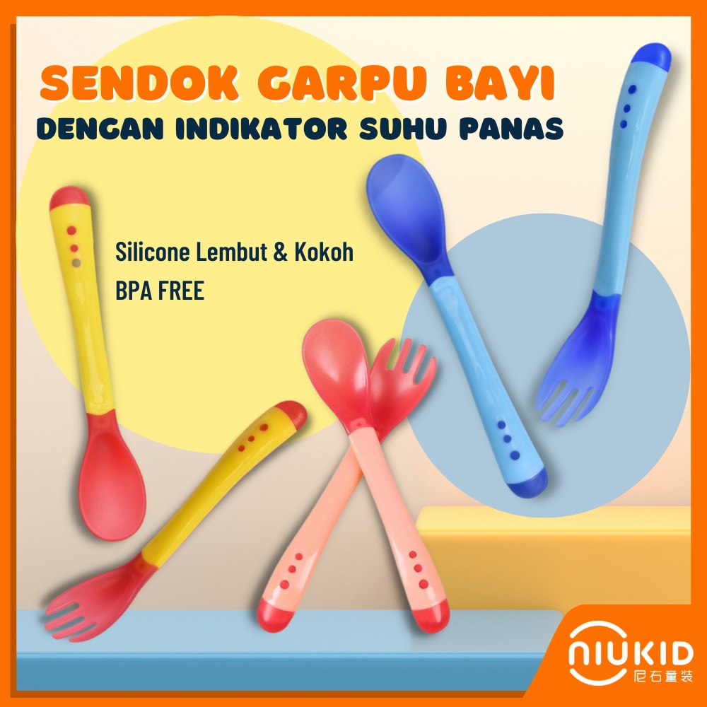 NIUKID SENDOK MAKAN BAYI SILIKON SENDOK DAN GARPU PENGUBAH SUHU BAYI