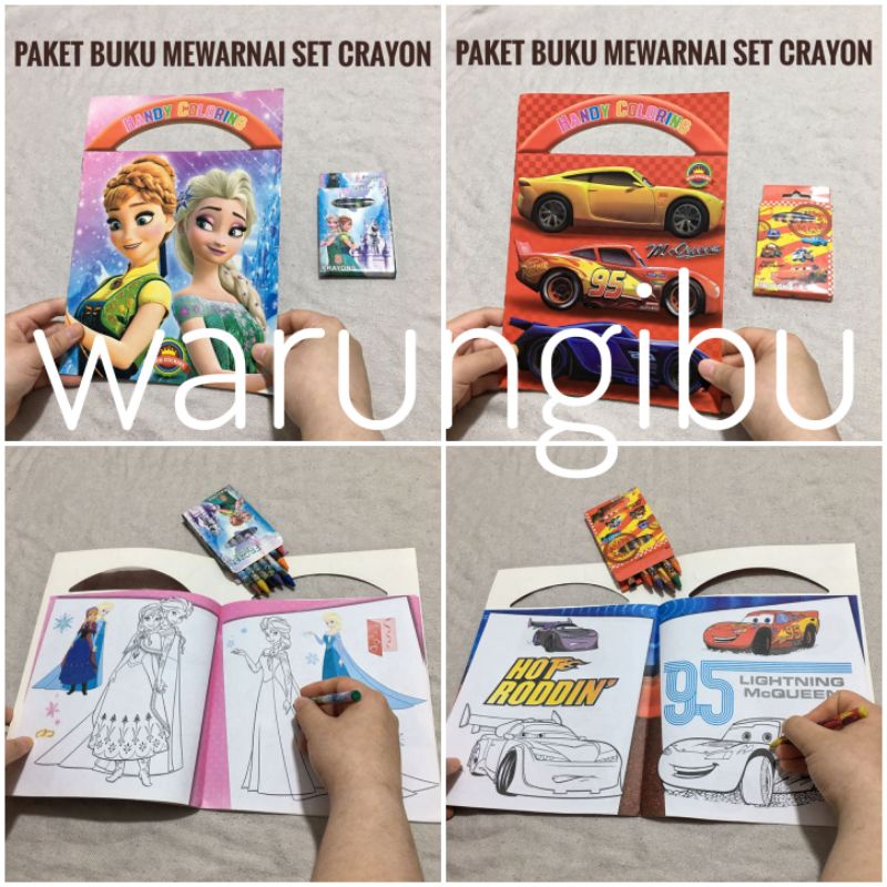 

Paket Kado Murah 2in1 Buku Anak Mewarnai Karakter Stiker Set Crayon Mini Mobil Cars Frozen