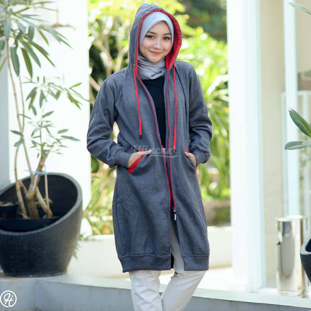Jaket Jacket Polos Panjang Wanita Cewek Muslimah Hijabers Hoodie Kekinian Abu Tua Hijacket BC Misty-Abu Tua + Merah