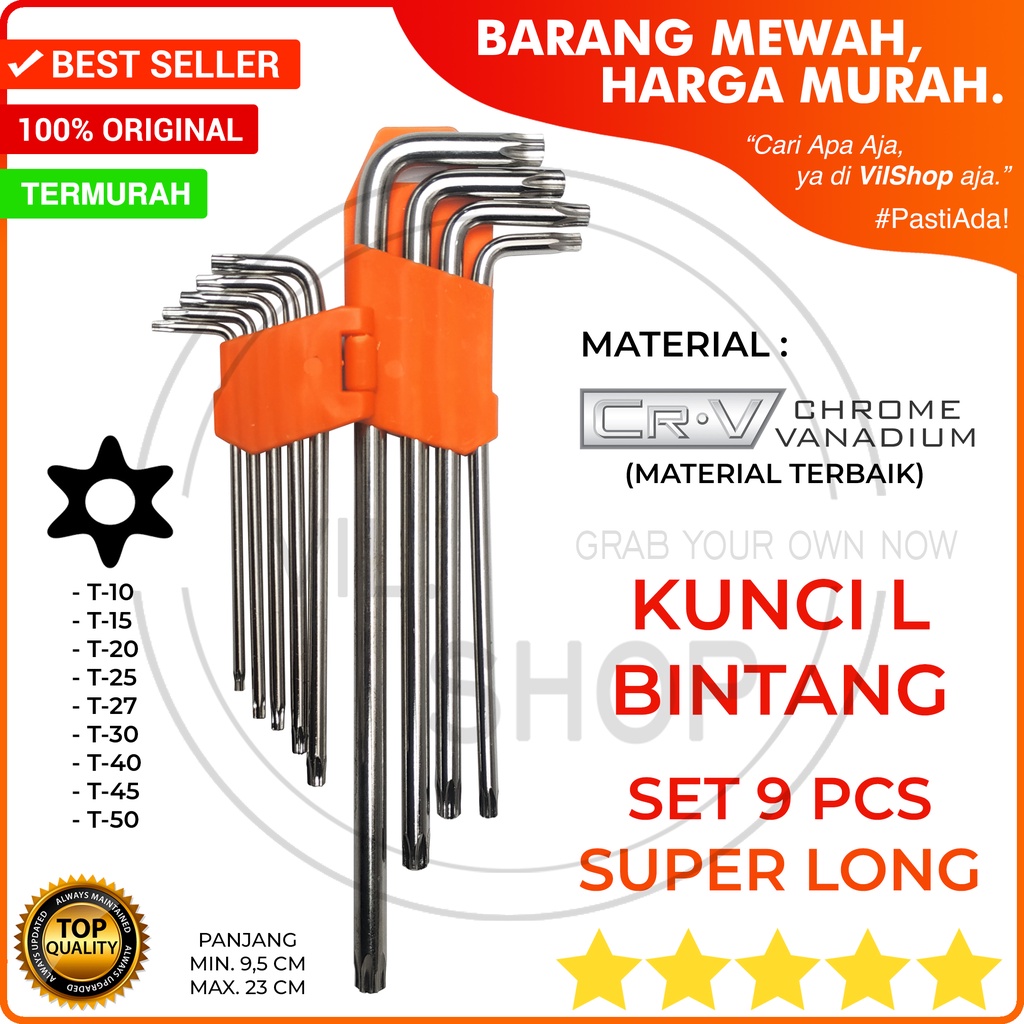 KUNCI L BINTANG BUNGA SET KOMPLIT 9 PCS PANJANG BAJA CR-V / 1 SET TORX HEX KEY WRENCH ALLEY ALLEN KE