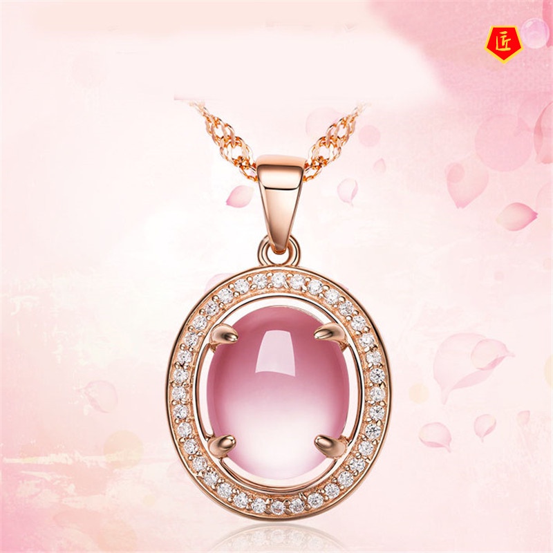 [Ready Stock]Rose Gold Micro-Inlaid Pink Crystal Rose Quartz Pendant Silver Necklace