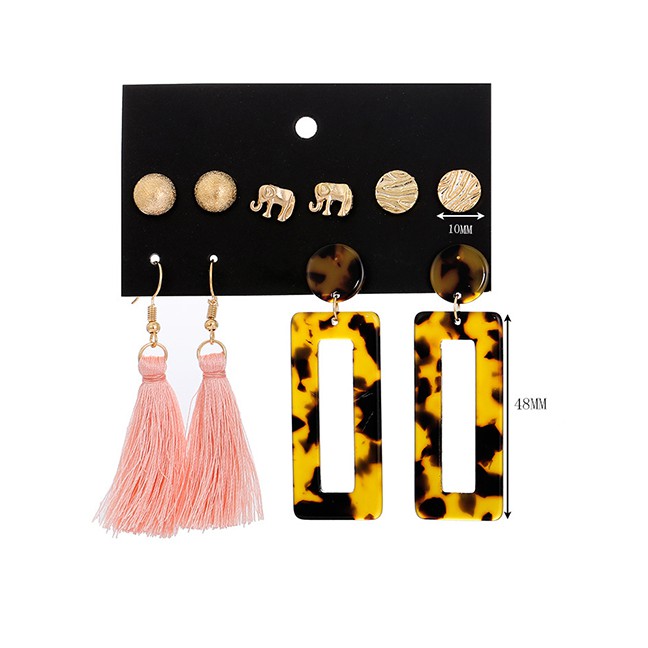 LRC Anting Set Fashion Gold Baby Elephant Acrylic Leopard Acetate Tassel Earrings Set F76194