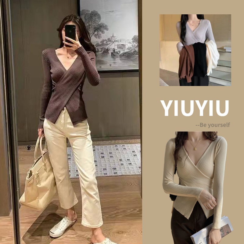 YIU YIU Rajut - Sexy Top Crop Knit V Neck Lengan Panjang Wanita Polos