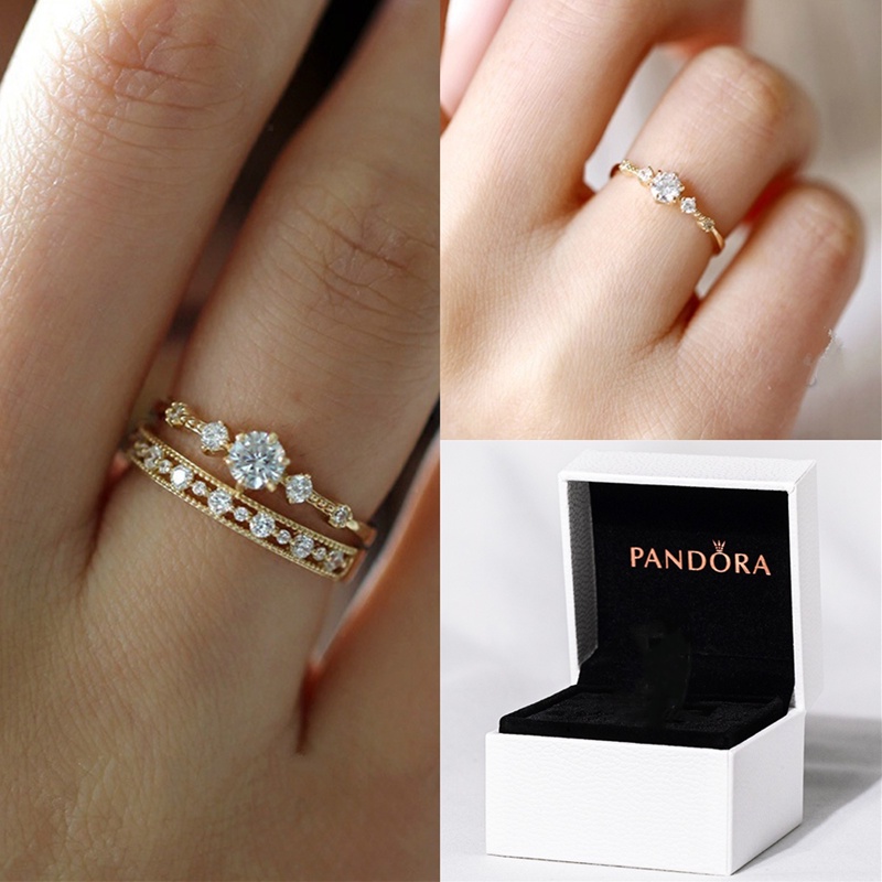 2pcs / Set Pandora Cincin Lapis Emas 14K Hias Berlian Cubic Zirconia Dengan Kotak Untuk Wanita