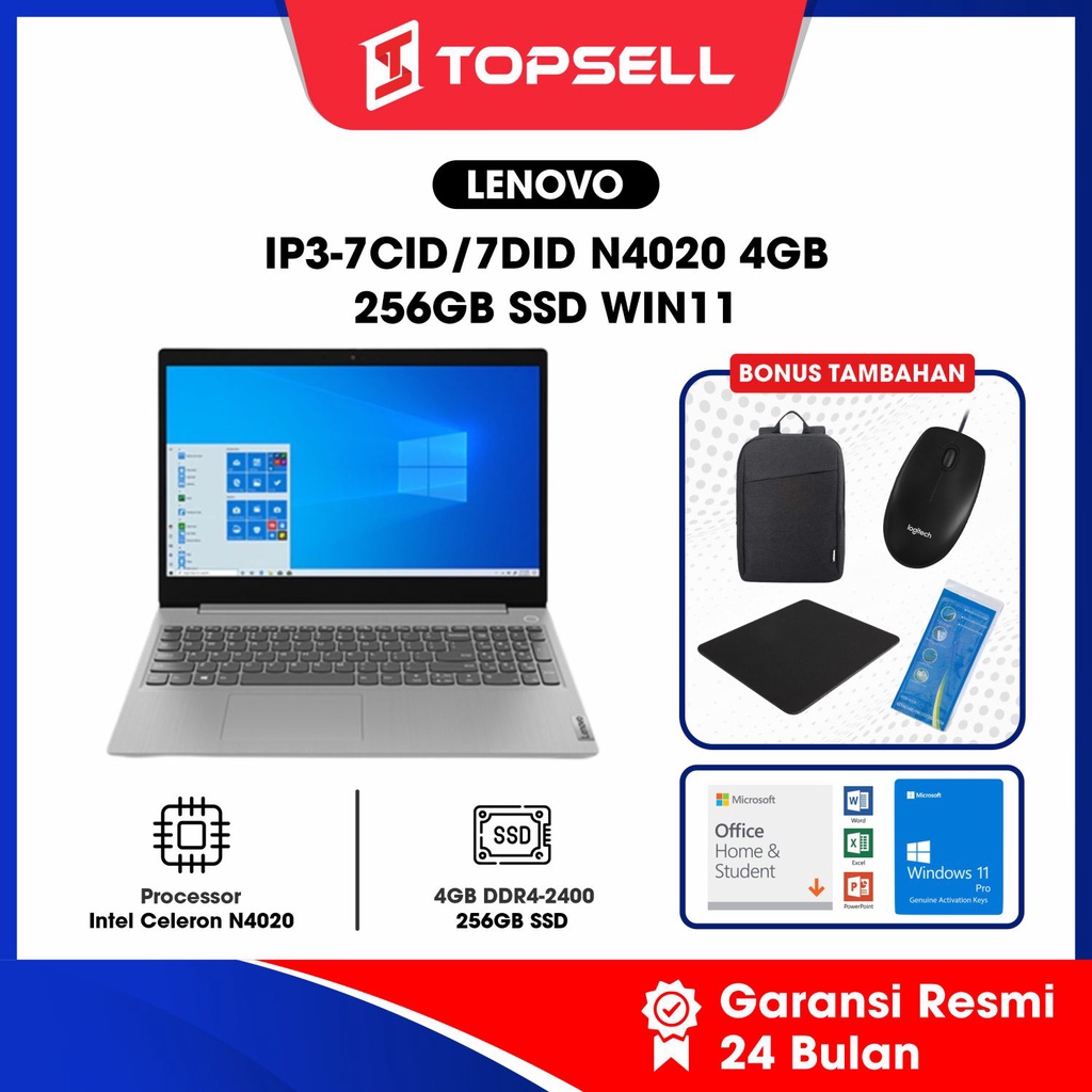 LAPTOP LENOVO IP3-7CID/7DID N4020 4GB 256GB SSD WIN 11 GARANSI RESMI