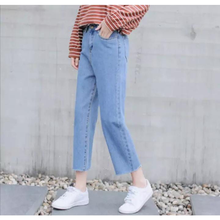 CELANA JEANS BOYFRIEND WANITA SUWIR BAWAH JEANS PLAIN