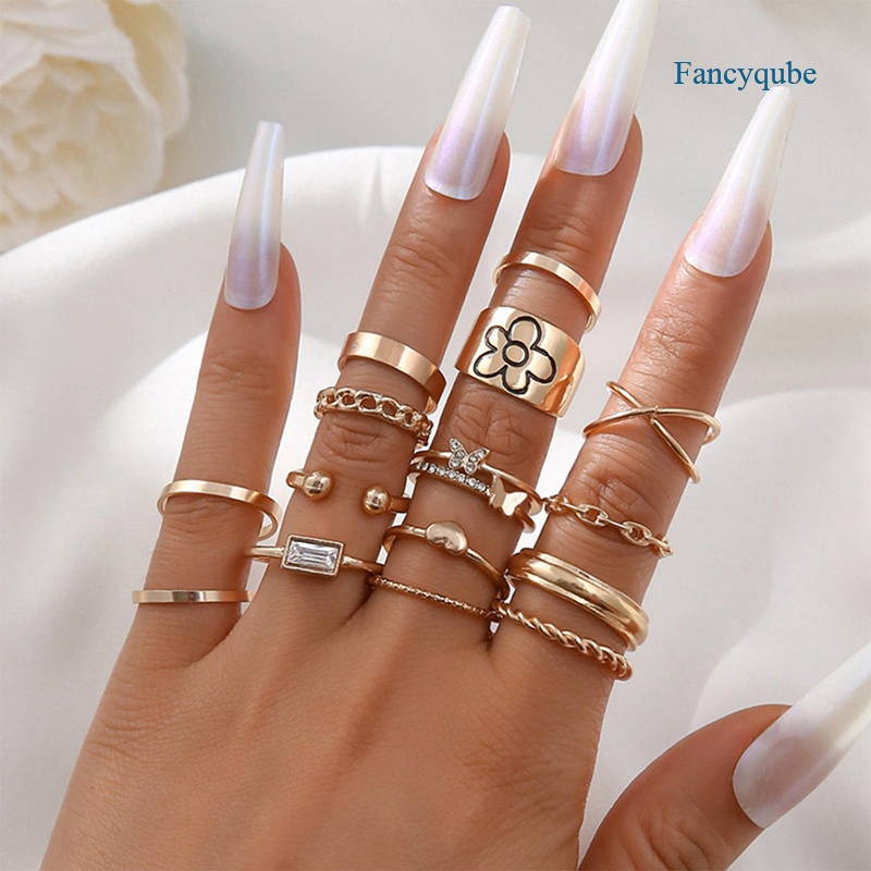 Fancyqube 15pcs / Set Cincin Jari Bentuk Hati Aksen Kristal Warna Silver Untuk Wanita