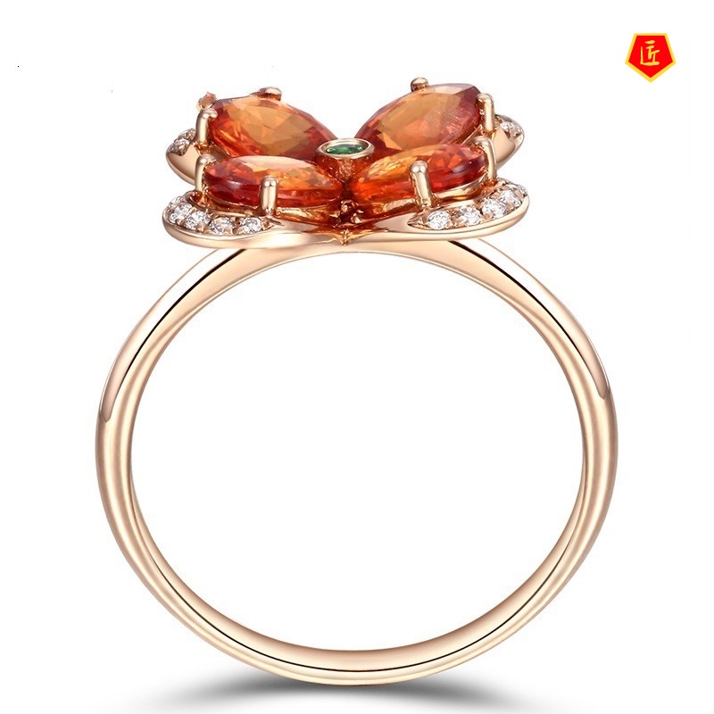 [Ready Stock]Elegant Gemstone Diamond Flower Ring 18K Rose Gold