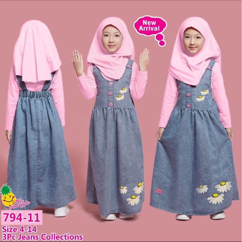 ( LP. 794-11 ) LITTLE PINEAPPLE OVERALL JEANS  + INNER + JILBAB Size: 4-9th