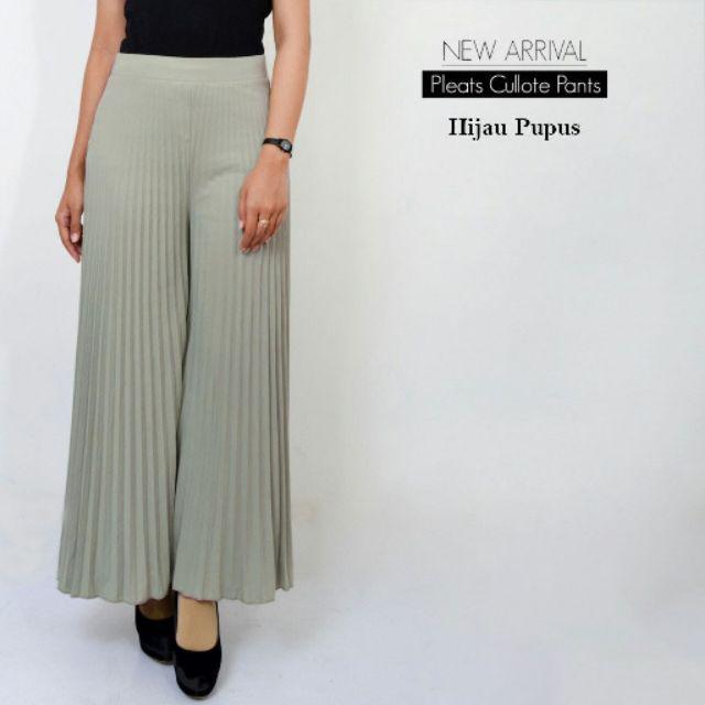 Celana kulot panjang plisket wanita / pleated skirt-HIJAU PUPUS