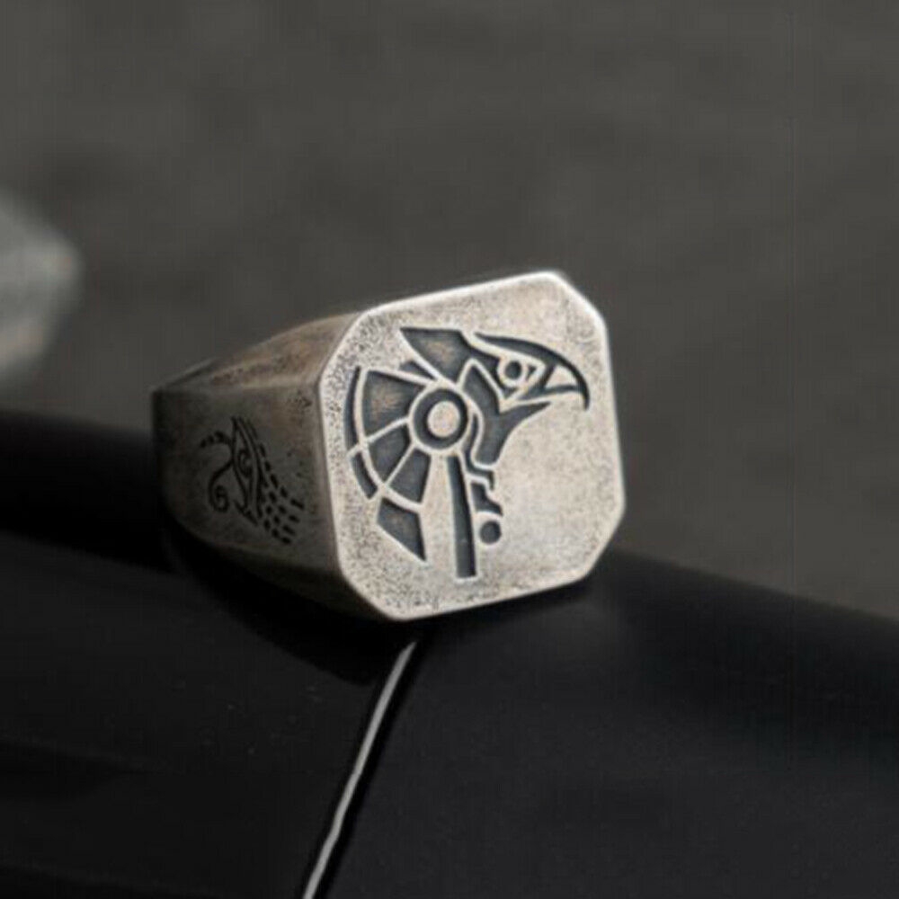 Cincin Baja Titanium Retro Perak Satwa Serigala Burung Rajawali Pria Mitologi Mesir Fashion Punk Horus Anubis Silver Rings