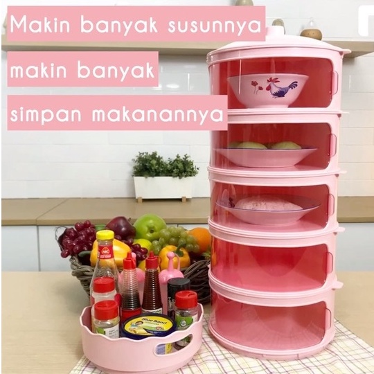 [BISA COD] Dishes Keeper Set 5 Stacks Special Anniversary Tudung Saji Susun Kekinian Warna Pink Grat