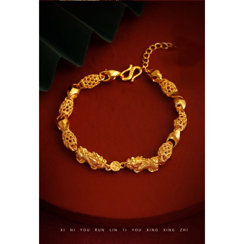 Goldkingdom Fashion Perhiasan Emas Asli Kadar 375 Bangkok Aksesoris Ready Stock Jinlinglong PI Xiu Gelang Berkah Retro Pria Dan Wanita Gelang Berongga Berdoa