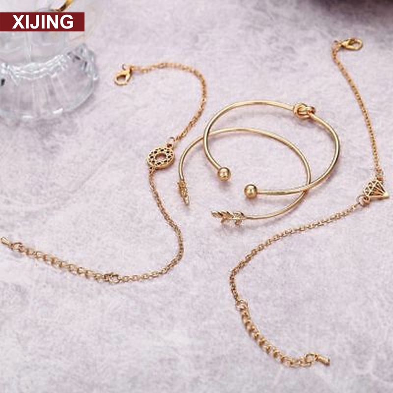 4pcs / Set Gelang Bangle Model Terbuka Dapat Disesuaikan Desain Daun Simpul Warna Emas