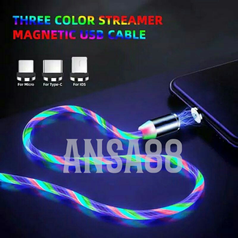 kabel casan magnet LED ngalir 2A 3in1 streaming LED magnetic charger cable 360° CAB23