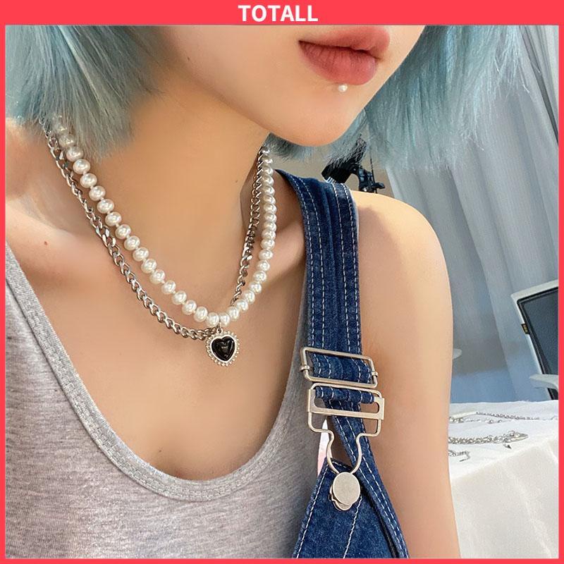 COD Cinta Hitam Kalung Berlapis Ganda Hip Hop Wanita Keren Angin Retro Mutiara Rantai Klavikula-Totall