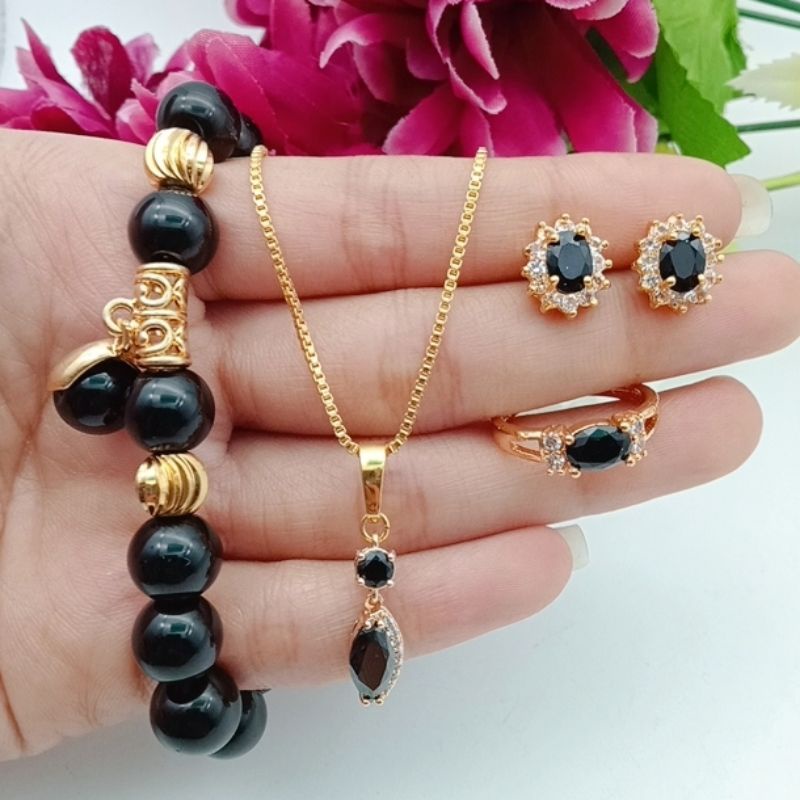 set perhiasan wanita permata hitam gelang karet giok