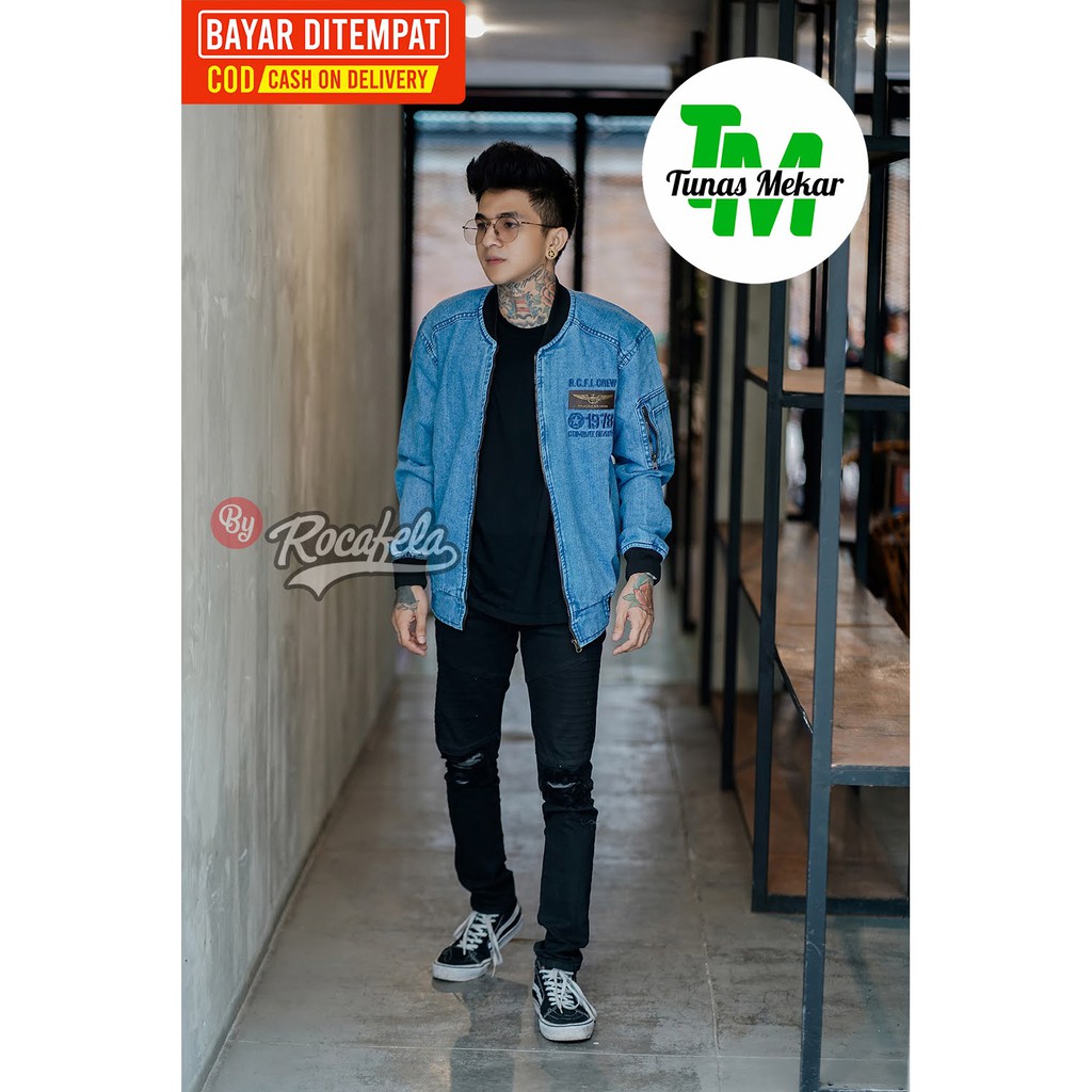 Jaket Jeans Pria Rocafela The News 100% Original ~ Jaket Jeans Bomber