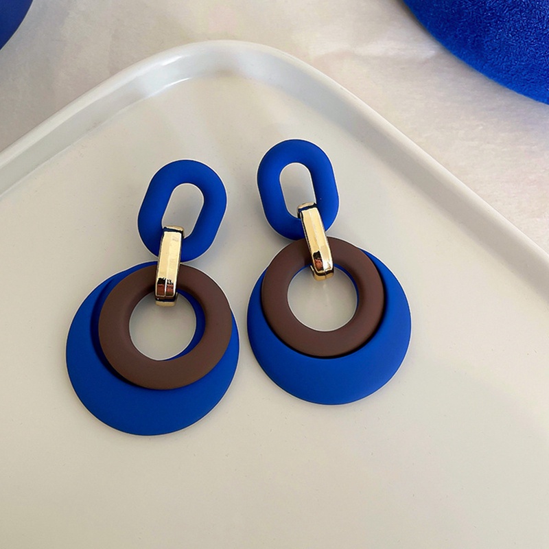 Anting Rantai Panjang Bentuk Bulat Hati Geometris Bahan Akrilik Warna Biru Gaya Vintage Untuk Wanita