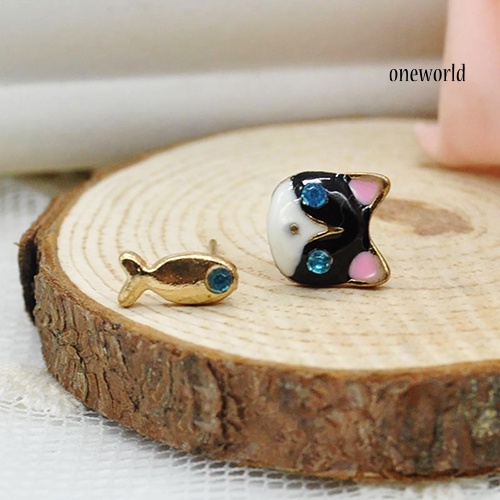 OW@ 1 Pair Korean Women Cute Cat Fish Rhinestone Stud Earrings Fashion Jewelry