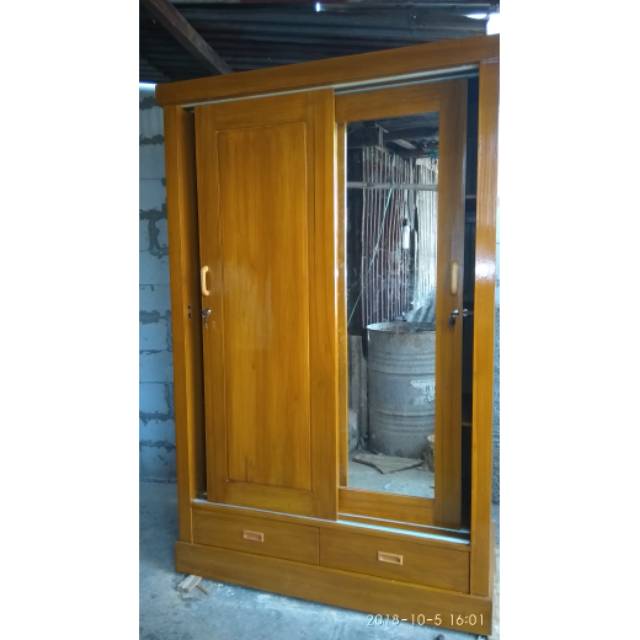 Lemari baju kayu jati sliding door minimalis