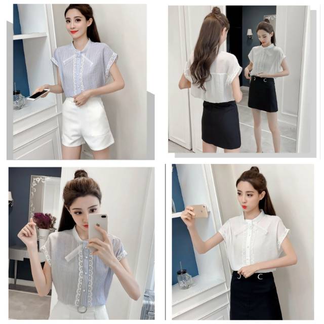 Blouse salur dasi pita renda cantik putih biru