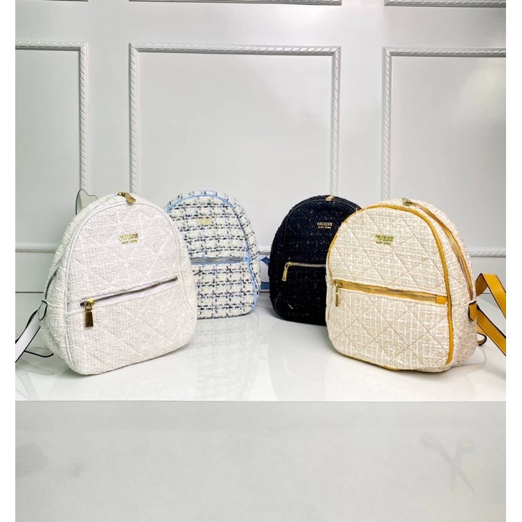 Tas Ransel Wanita GS Tweed Backpack Premium Import, Hitam Black Putih White Beige Kuning Yellow Biru