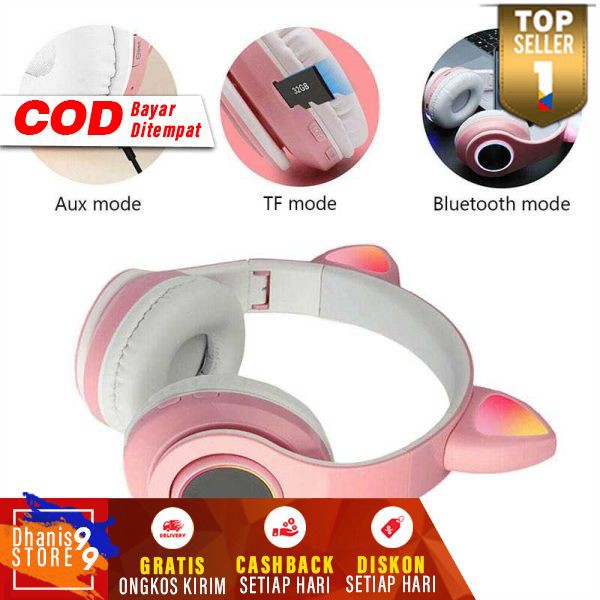 Headset Bluetooth Headphone Telinga Kucing Cute Cat Ear Handset Game Musik Hendset Gaming Blutooth