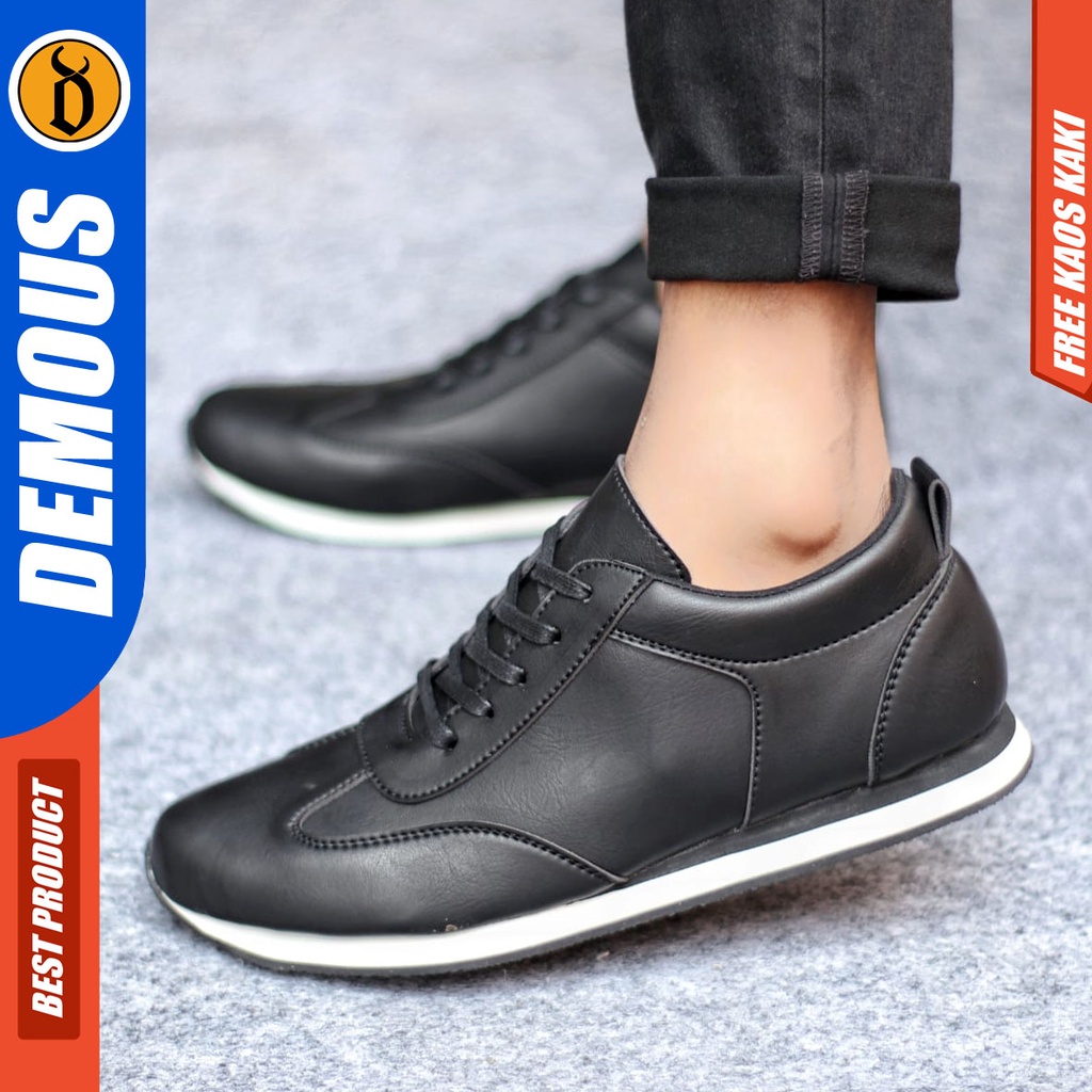 Sepatu Casual Pria Sneakers Hitam Kasual Kulit Pu Kekinian Kerja Kuliah Kantor Fashion Shoes Terbaru DEMOUS RONERO